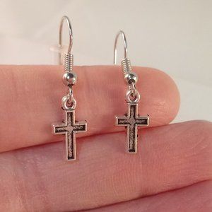 Silver Cross Dangle Earrings Hypoallergenic Hooks